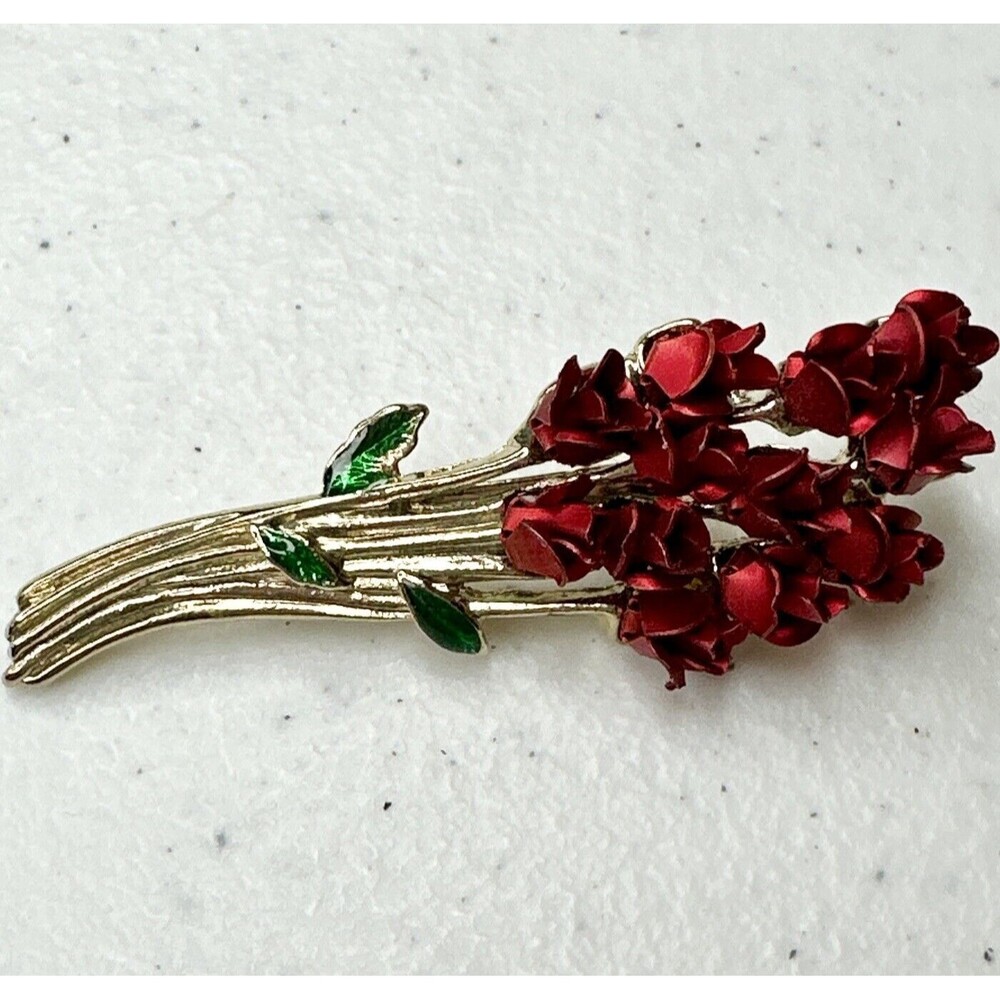 Vintage Brooch. Signed DMC 97. One Dozen Long Stem Roses. Goldtone